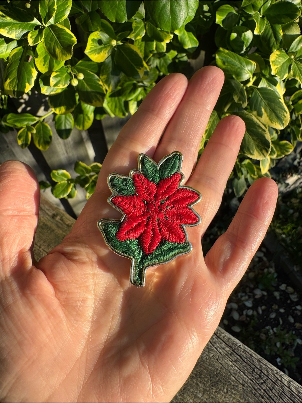 Embroidered Poinsettia Brooch Pin - Red & Green Floral Accent